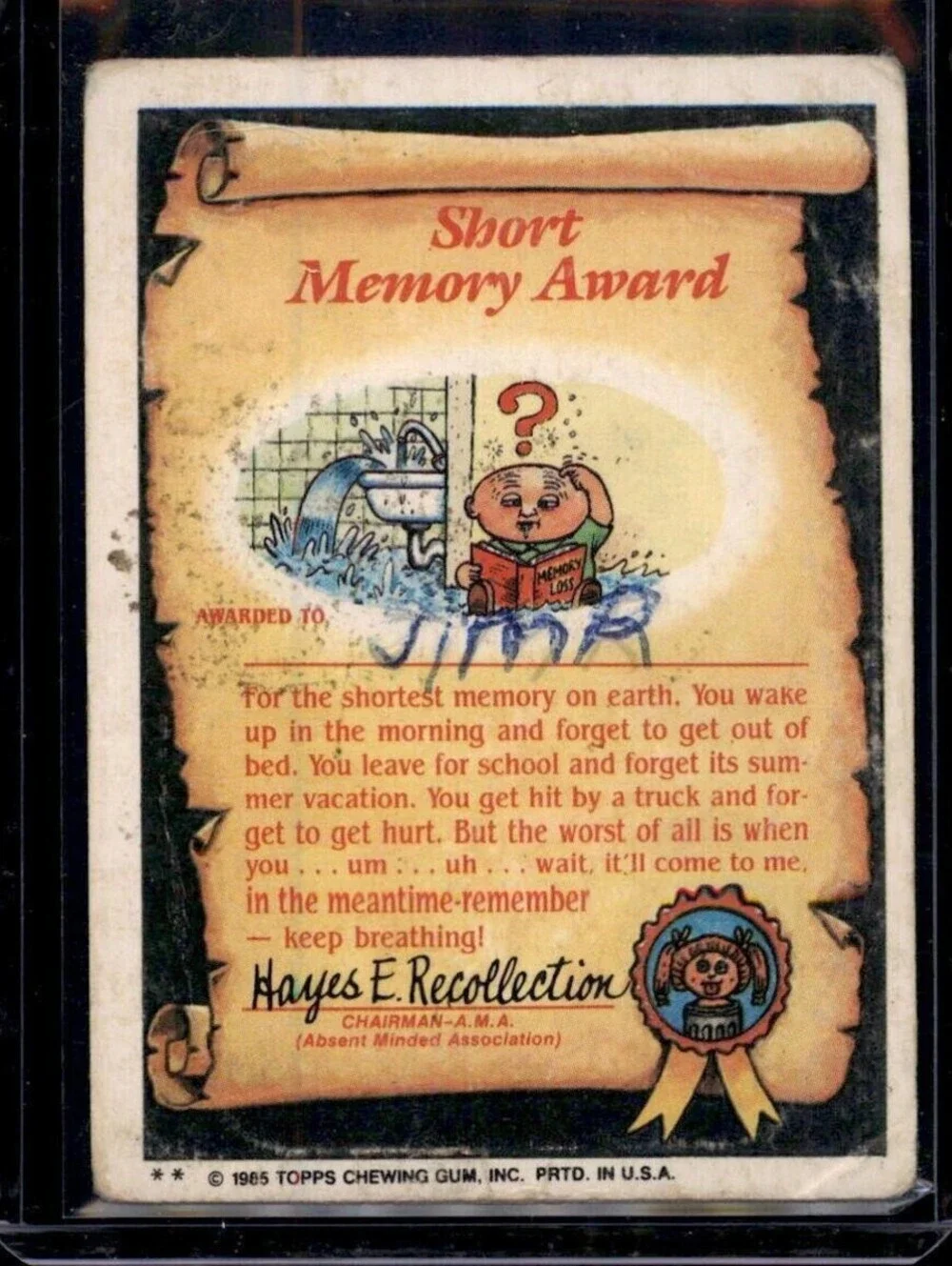 1985 Garbage Pail Kids Fryin' Ryan Trading Card #54a